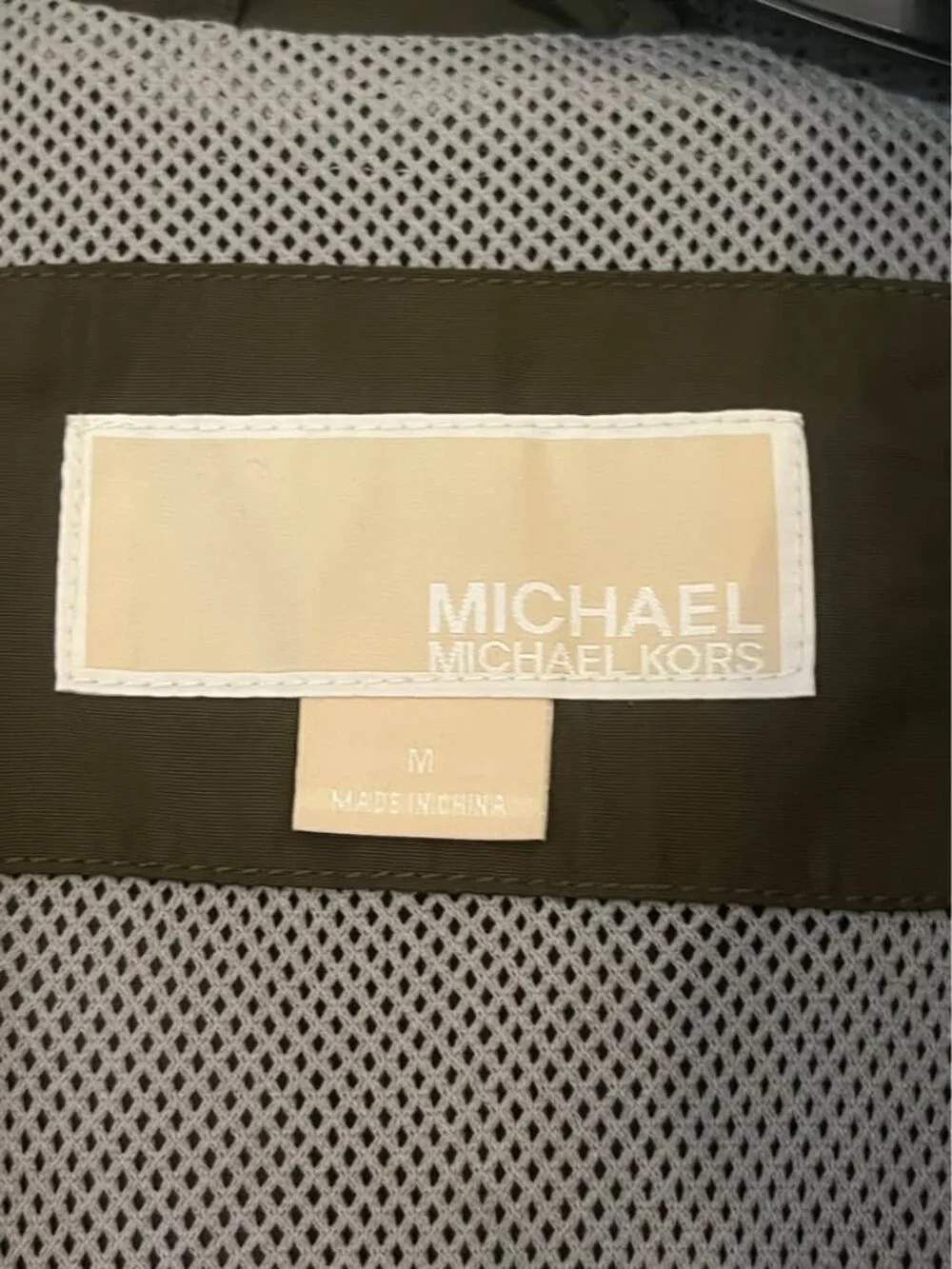 Michael Kors hooded jacket olive green silver buttons cinch waist